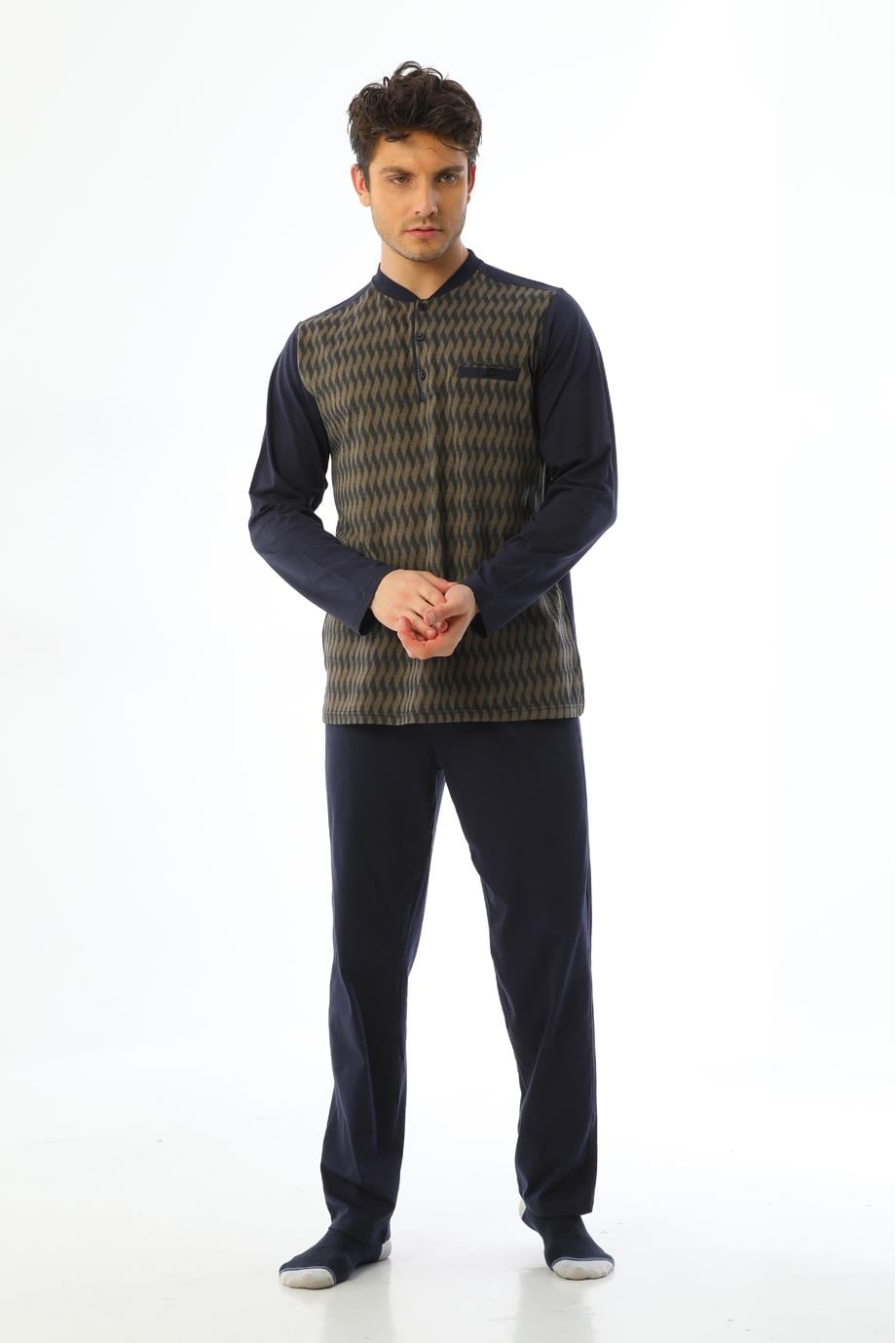 Erkek Jakarlı Patlı Uzun Kollu Vizon Yılan Desenli Pijama Takımı 8017