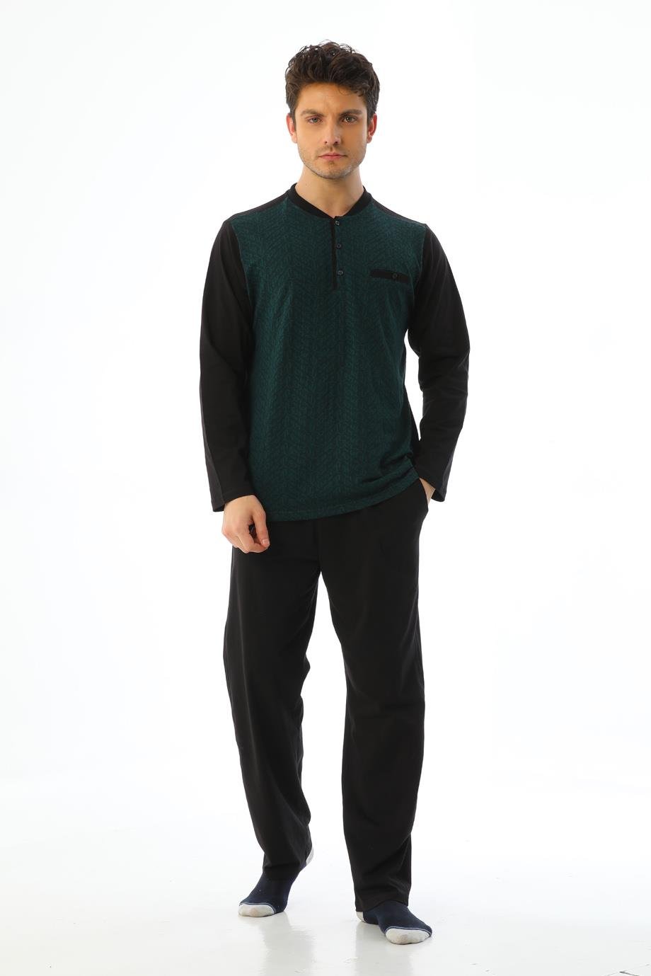 Erkek Jakarlı Patlı Uzun Kollu Yeşil Desenli Pijama Takımı 8004