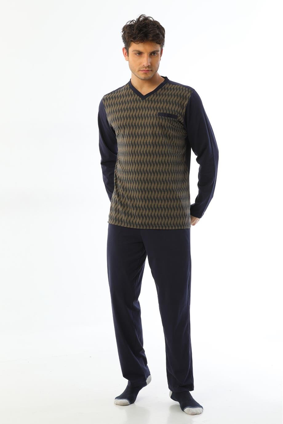 Erkek Jakarlı V Yaka Uzun Kollu Vizon Yılan Desenli Pijama Takımı 8018