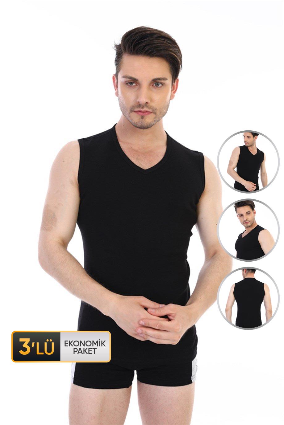 Erkek Ribana V Yaka Kolsuz Siyah Atlet 921 3'lü Ekonomik Paket