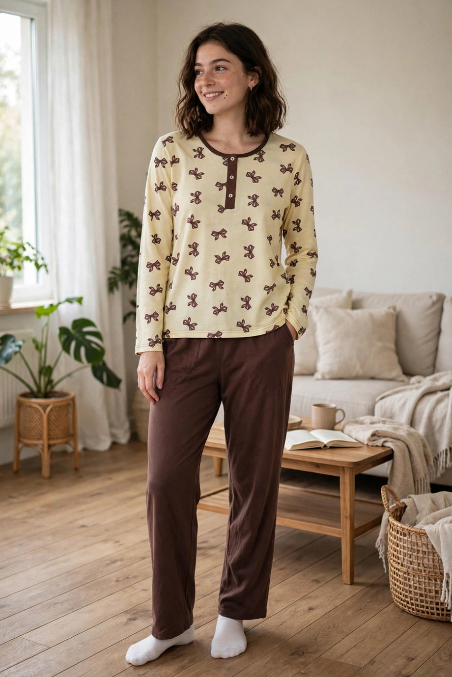 Kadın Kurdele Desen Patlı Kahverengi Pijama Takımı 7208