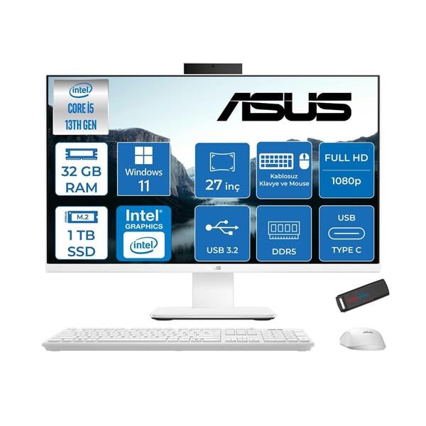 Asus V470VAK Intel Core İ5-13420H 32GB DDR5 1TB SSD 27'' Fhd 100Hz 300NITS Windows 11 Home Beyaz All In One Bilgisayar ABI58512W0DH13
