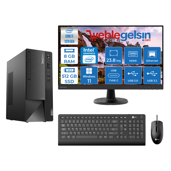 Lenovo Thinkcentre Neo 50T Gen4 Intel I7 13700 8GB 512GB SSD Windows 11 Pro 23.8 Fhd Monitör Masaüstü Blgisayar 412JB005ATR42