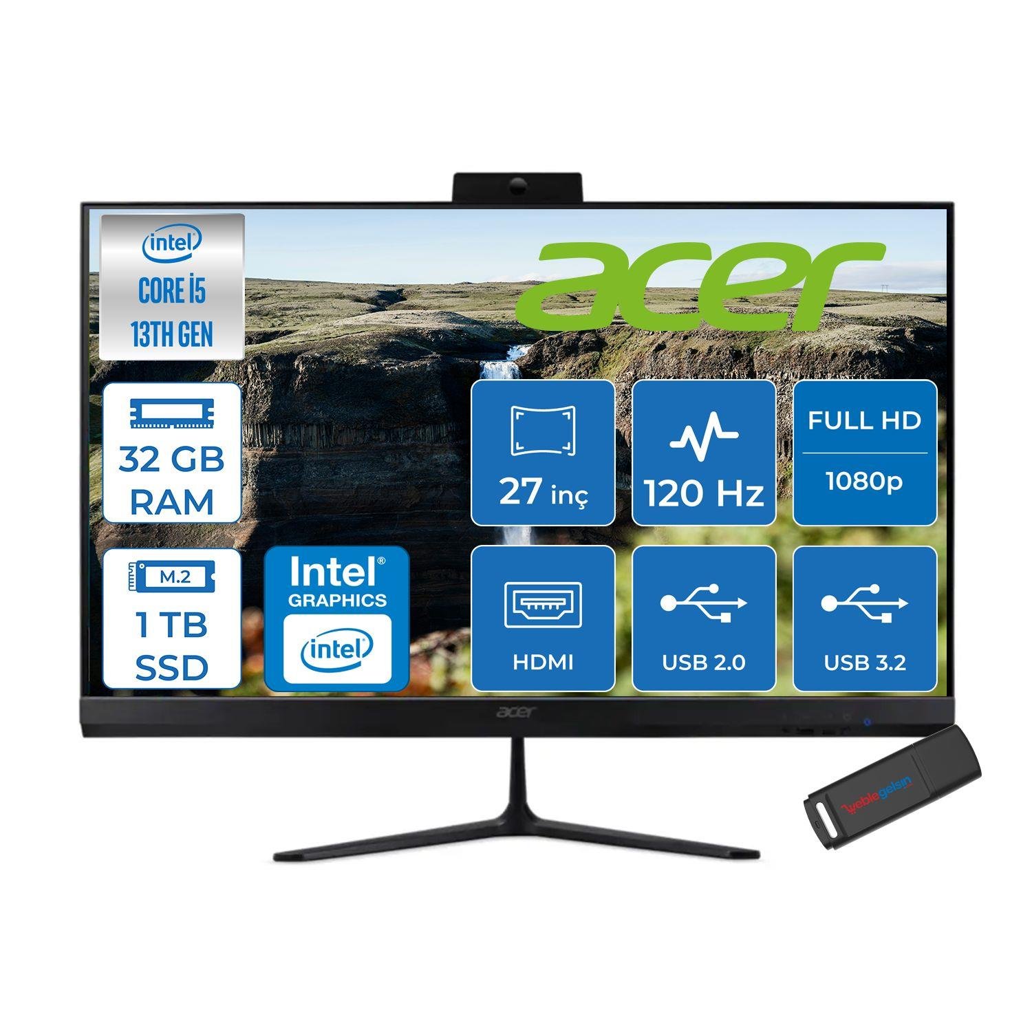 Acer Aspire C27 Intel Core I5 1334U 32GB 1TB SSD Freedos Iris® Xe Graphics 27'' Fullhd IPS 120Hz Siyah All In One Bilgisayar DQBNHEM001F18