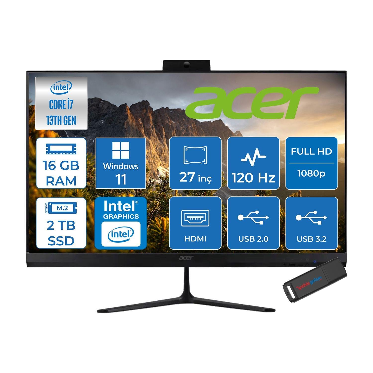 Acer Aspire C27 Intel Core I7-1355U 16GB 2TB SSD Windows 11 Home Iris® Xe Graphics 27'' Fullhd IPS 120Hz Siyah All In One Bilgisayar DQBMREM003H09