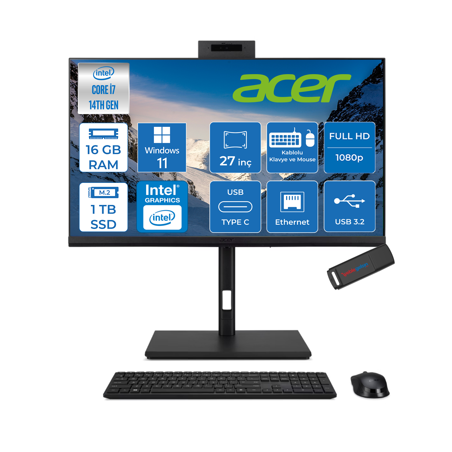 Acer Veriton 4000 VZ4727GT Intel Core I7 14700 16GB Ram 1TB SSD Windows 11 Pro UHD Graphics 27'' Yükseklik Ayarı, Pivot, Vesa Desteği Fullhd All In One Bilgisayar DQR23EM003P03