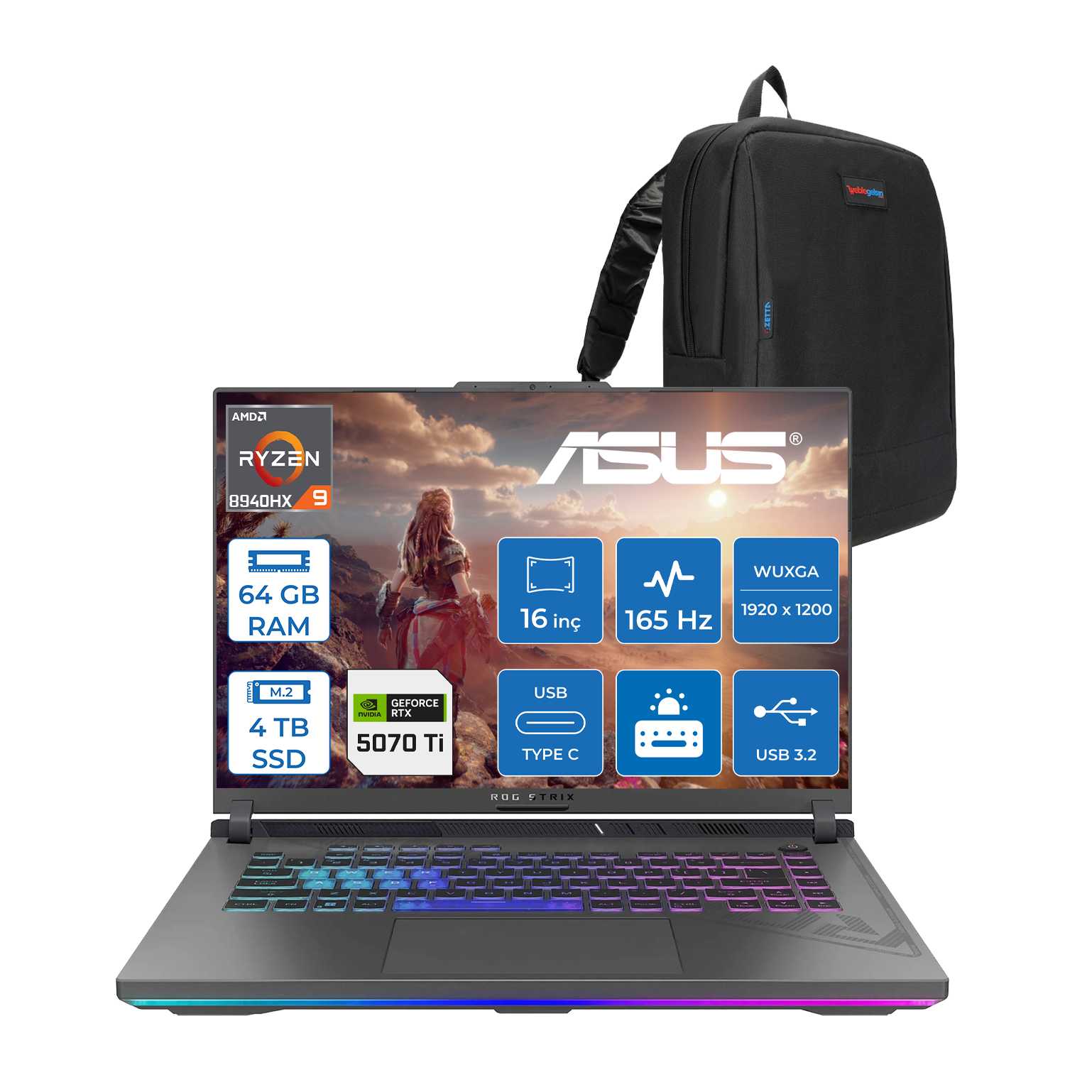 Asus Rog Strix G16 G614PR-RV050 Amd Ryzen 9 8940HX Aı 64 GB GB 4TB SSD 12 GB/RTX5070Tİ Gddr7 140W 16'' Wuxga 165Hz 300NİTS Freedos Taşınabilir Bilgisayar WRV050F31