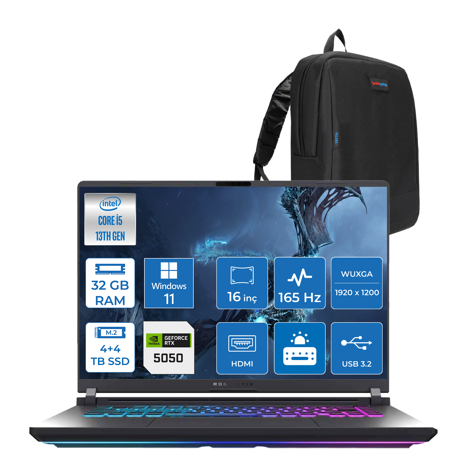 Asus Rog Strix G16 G615JH-RV053 Intel Core I5-13450HX 32GB 4TB Ssd+4TB SSD 8GB/RTX5050 Gddr7 115W 16'' Wuxga 165Hz 3ms IPS Windows 11 Home Gaming Laptop WRX053H16