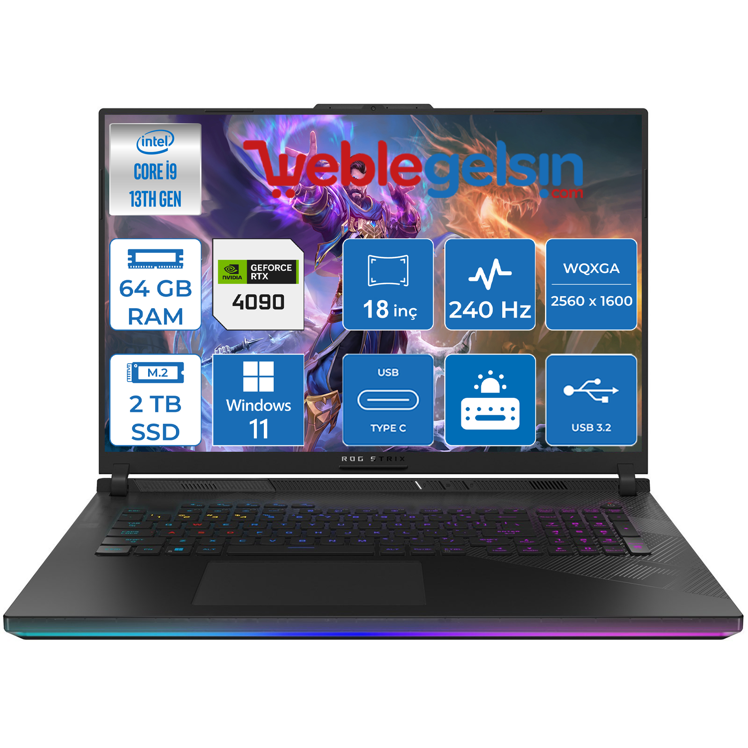 Asus Rog Strix Scar 18 13. Nesil Intel I9-13980HX 64GB DDR5 2TB Ssd+2TB SSD 16GB RTX4090 175W 18 Inç Qhd+ 240Hz 3ms Windows 11 Pro Taşınabilir Bilgisayar G834JY-N604024
