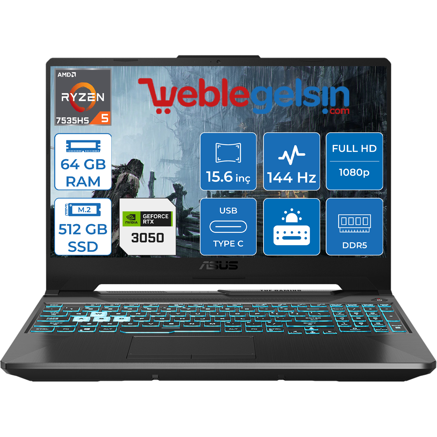 Asus Tuf Gamıng A15 Amd Ryzen 5 7535HS 64GB DDR5 512GB SSD RTX3050 144Hz Freedos 15.6 inç Fhd Taşınabilir Bilgisayar FA506NC-HN05809