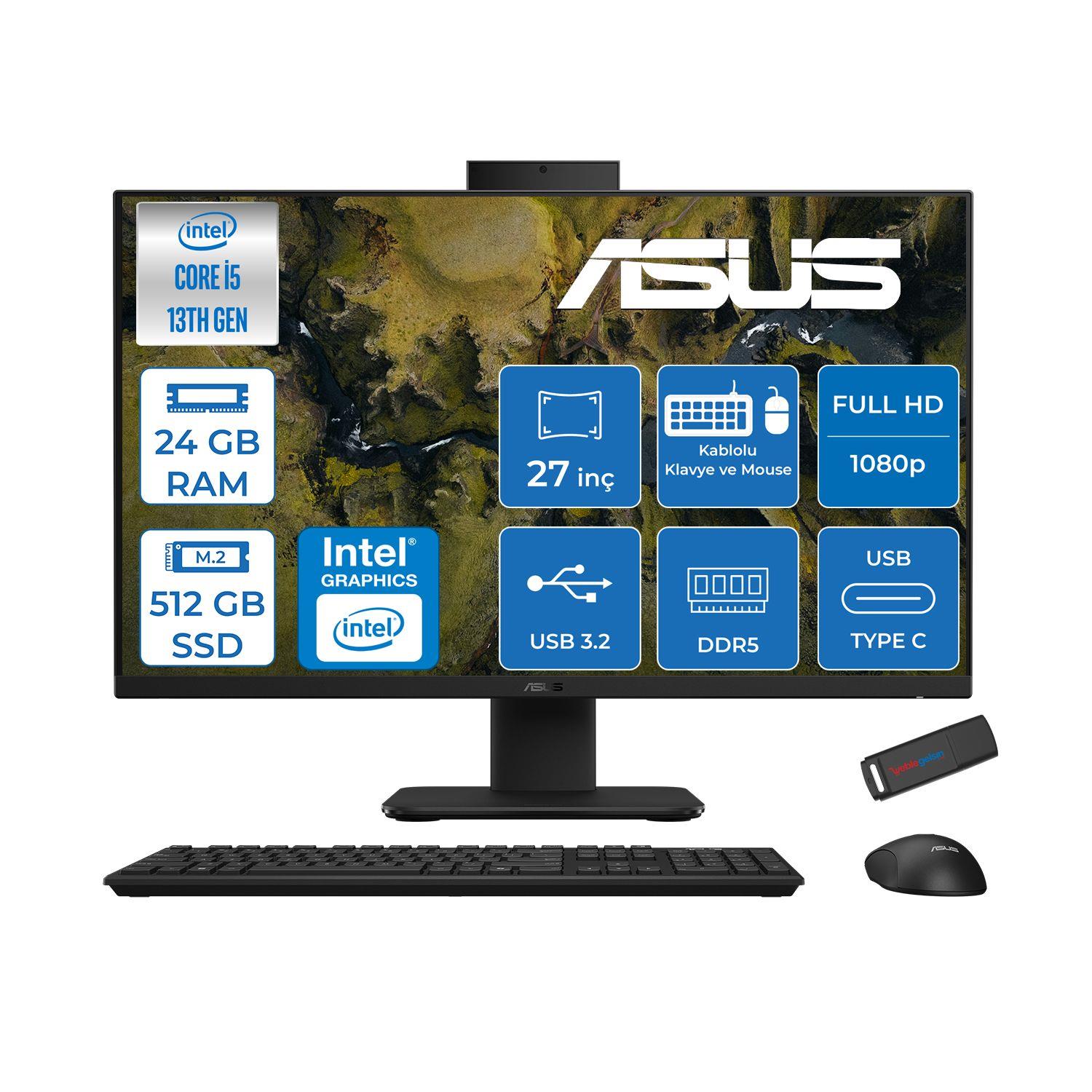 Asus V470VAK Intel Core İ5-13420H 24GB DDR5 512GB SSD 27'' Fhd 100Hz 300NITS Freedos Siyah All In One Bilgisayar ASI58512B0DF07