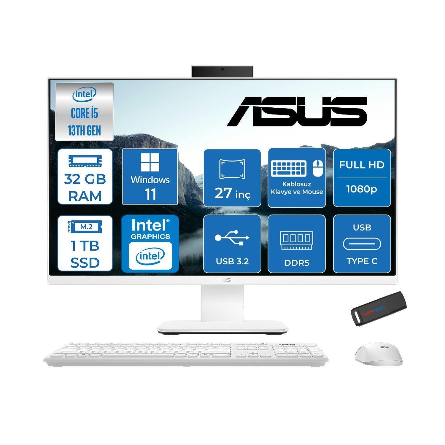 Asus V470VAK Intel Core İ5-13420H 32GB DDR5 1TB SSD 27'' Fhd 100Hz 300NITS Windows 11 Home Beyaz All In One Bilgisayar ABI58512W0DH13
