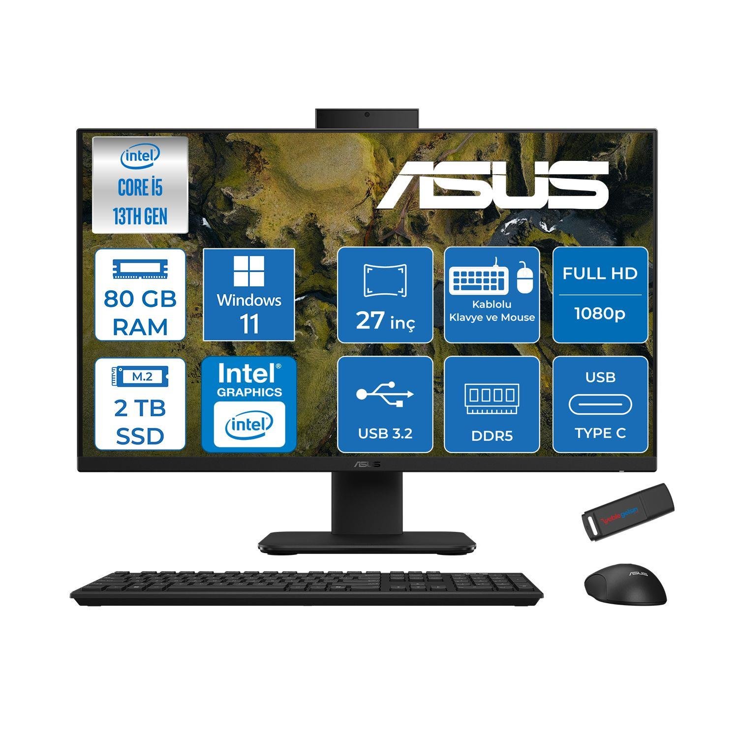 Asus V470VAK Intel Core İ5-13420H 80GB DDR5 2TB SSD 27'' Fhd 100Hz 300NITS Windows 11 Home Siyah All In One Bilgisayar ASI58512B0DH34