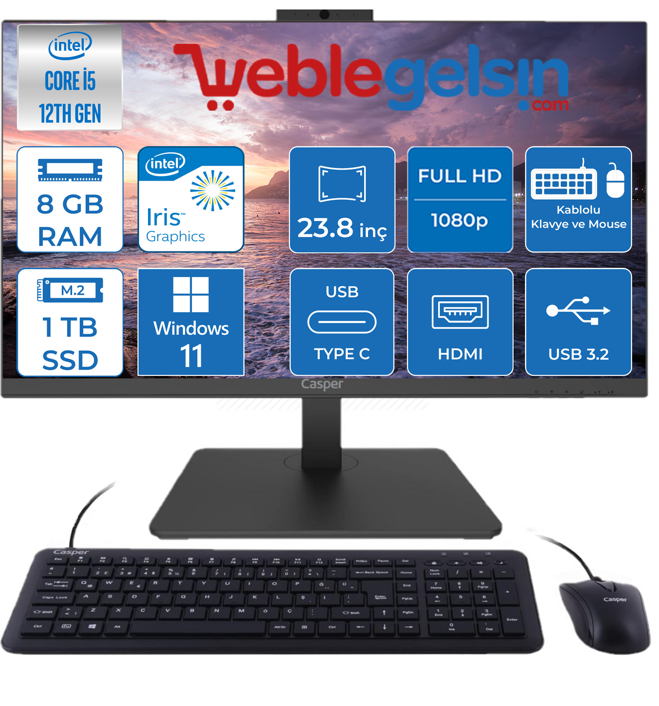 Casper Nirvana A60 Intel Core İ5 1235U 8GB 1TB SSD Windows 11 Pro 23.8 inç Fhd All In One Bilgisayar 12358V00XV35