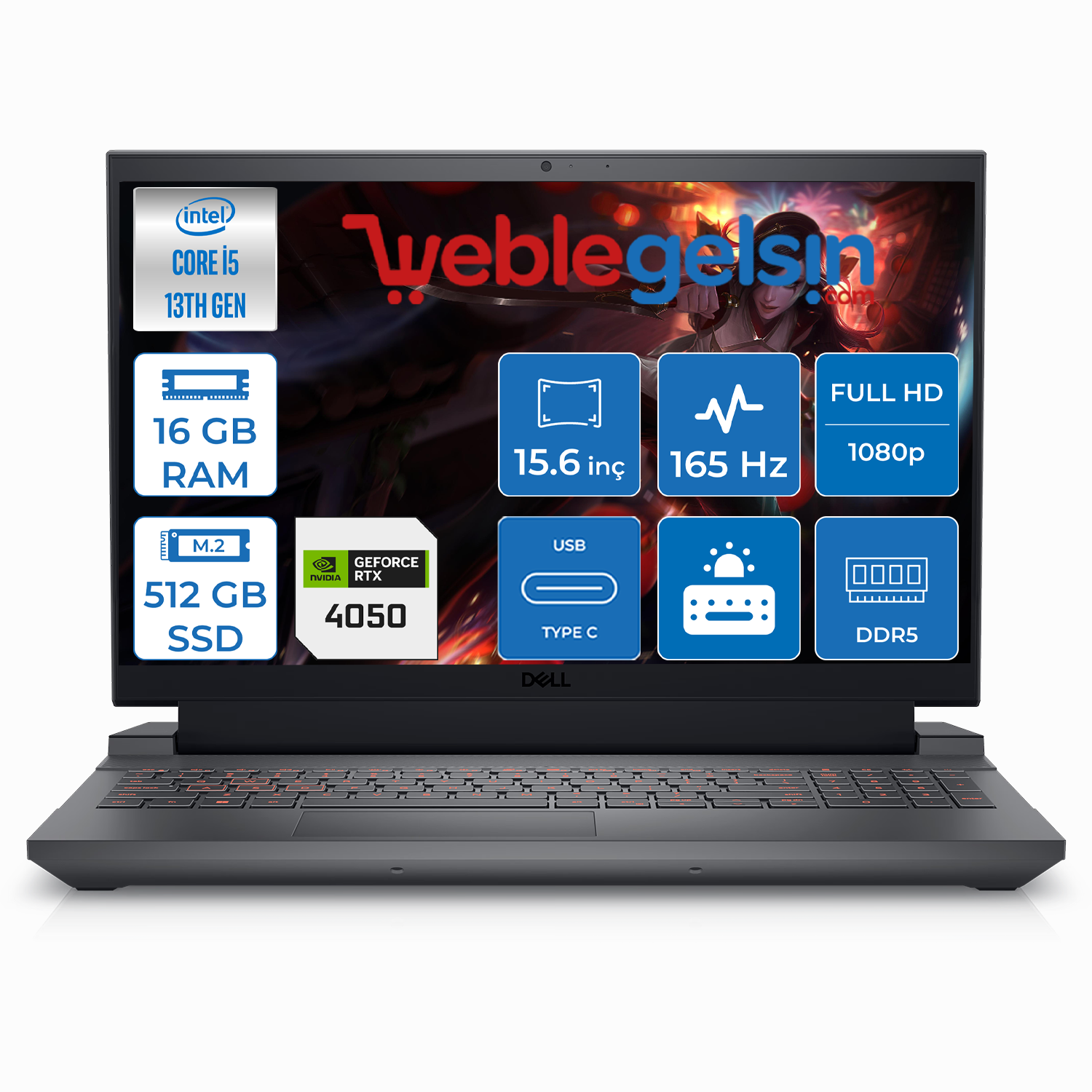 Dell G15 5530 Intel Core İ5 13450HX 16GB DDR5 512GB SSD 6GB RTX4050 15.6 inç 165Hz Fhd FreeDos Taşınabilir Bilgisayar G155530008U01