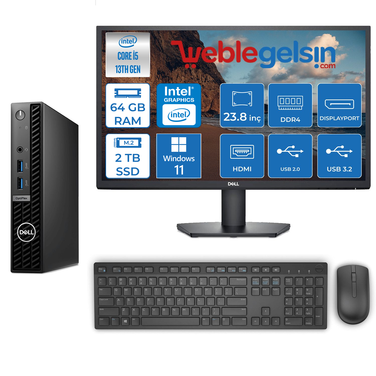 Dell Optiplex 7010MFF Intel Core i5 13500T 64GB 2TB SSD Dell 23.8 Monitör Windows 11 Pro Mini Masaüstübilgisayar OPN013O7010MFF24