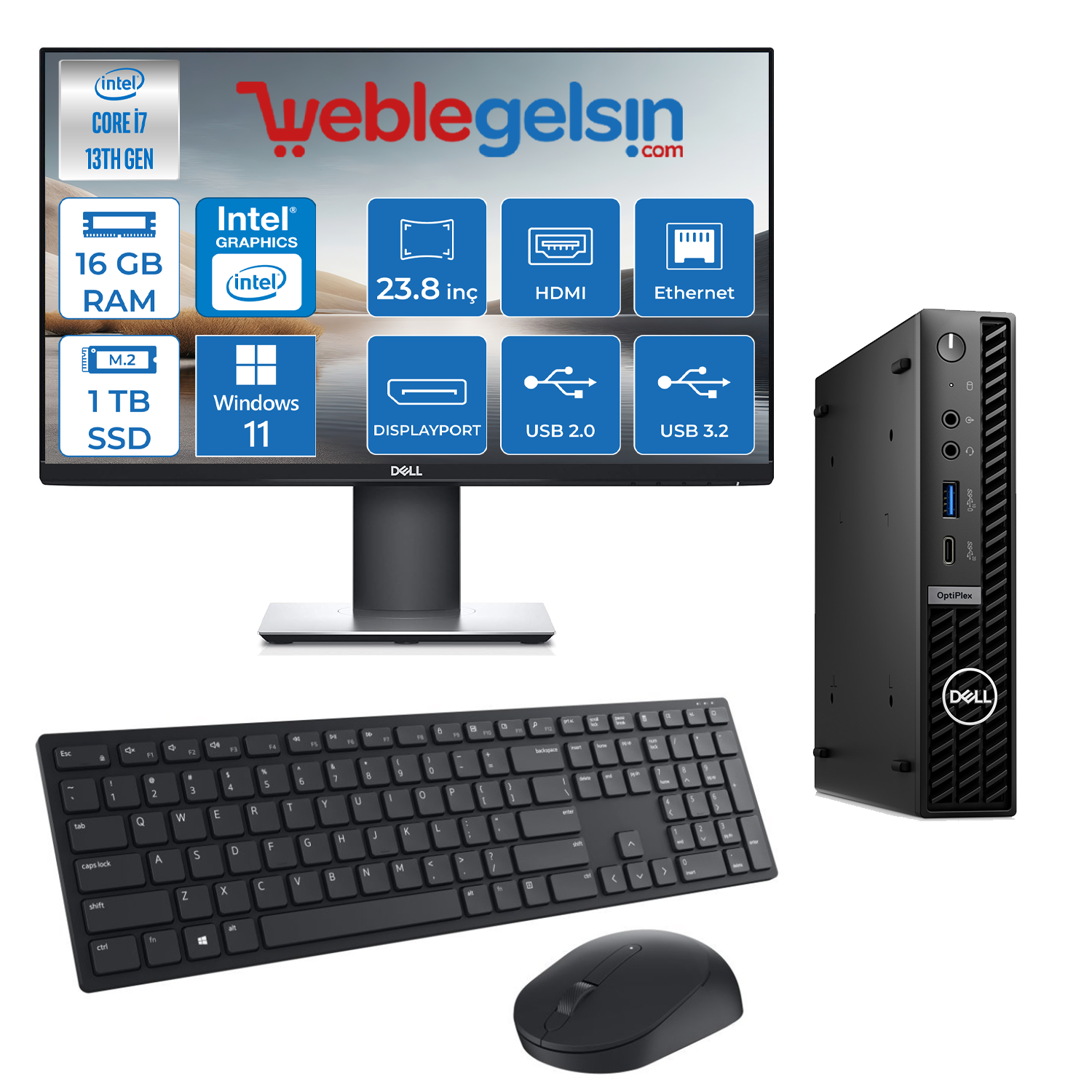 Dell Optiplex 7010MFF Intel Core i7 13700T 16GB 1TB SSD Windows 11 Pro 23.8 Monitör Mini Masaüstü bilgisayar 7010Pİ7 N007O7010MFFPUBM15