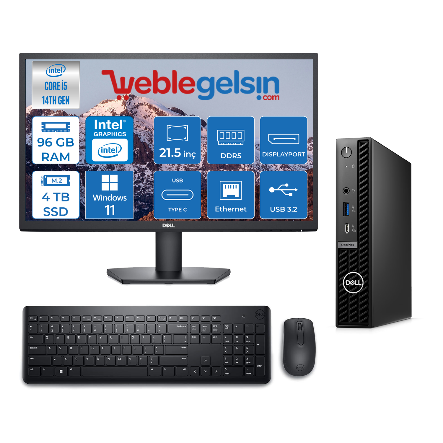 Dell Pc Optıplex 7020MFF Intel Core I5-14500T 96GB DDR5 4TB SSD Windows 11 Pro 21.5 Fullhd Mon. Masaüstü Bilgisayar AN007O7020MFF90