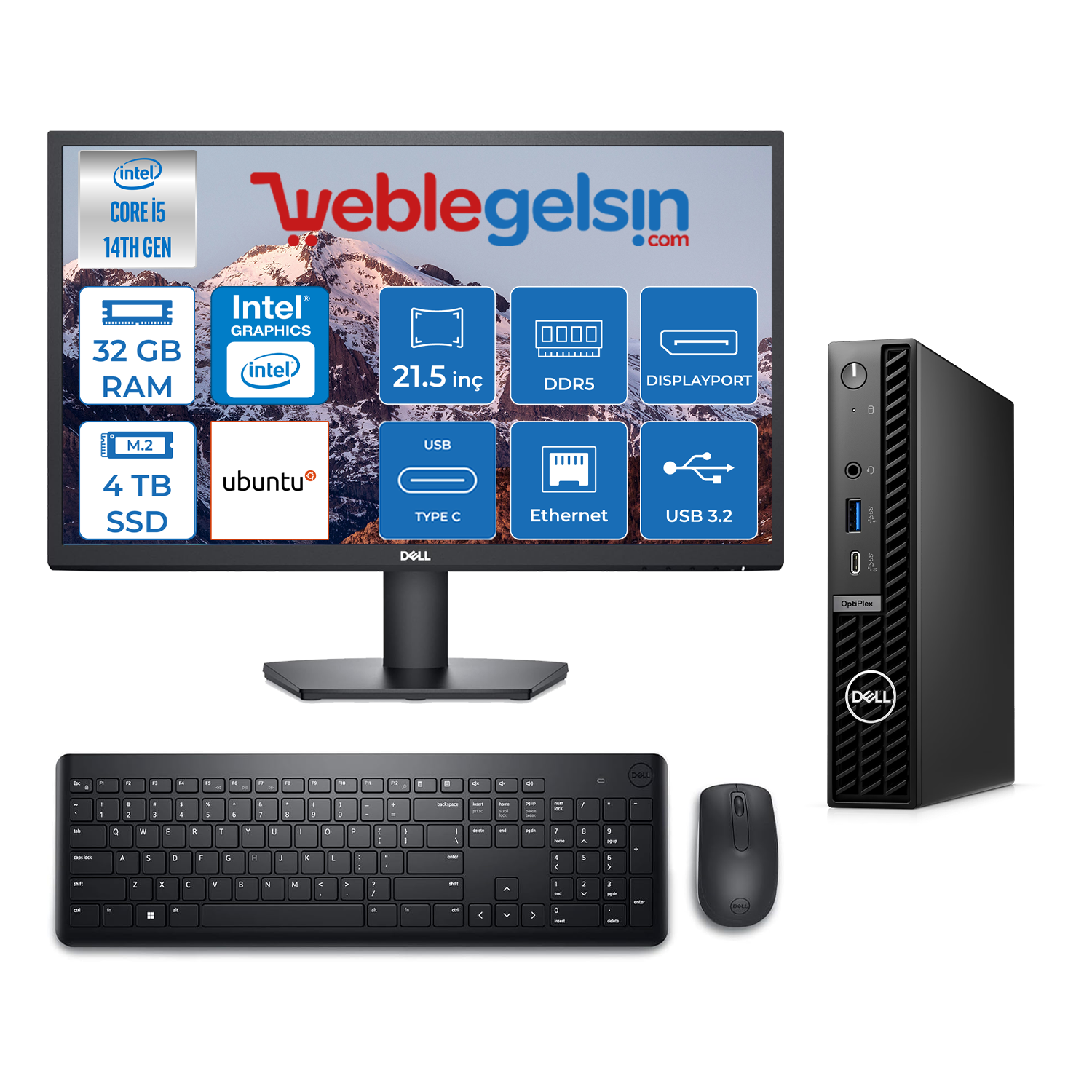 Dell Pc Optıplex 7020MFF Intel Core I5-14500T 32GB DDR5 4TB SSD Ubuntu 21.5 Fullhd Mon. Masaüstü Bilgisayar AN007O7020MFF15