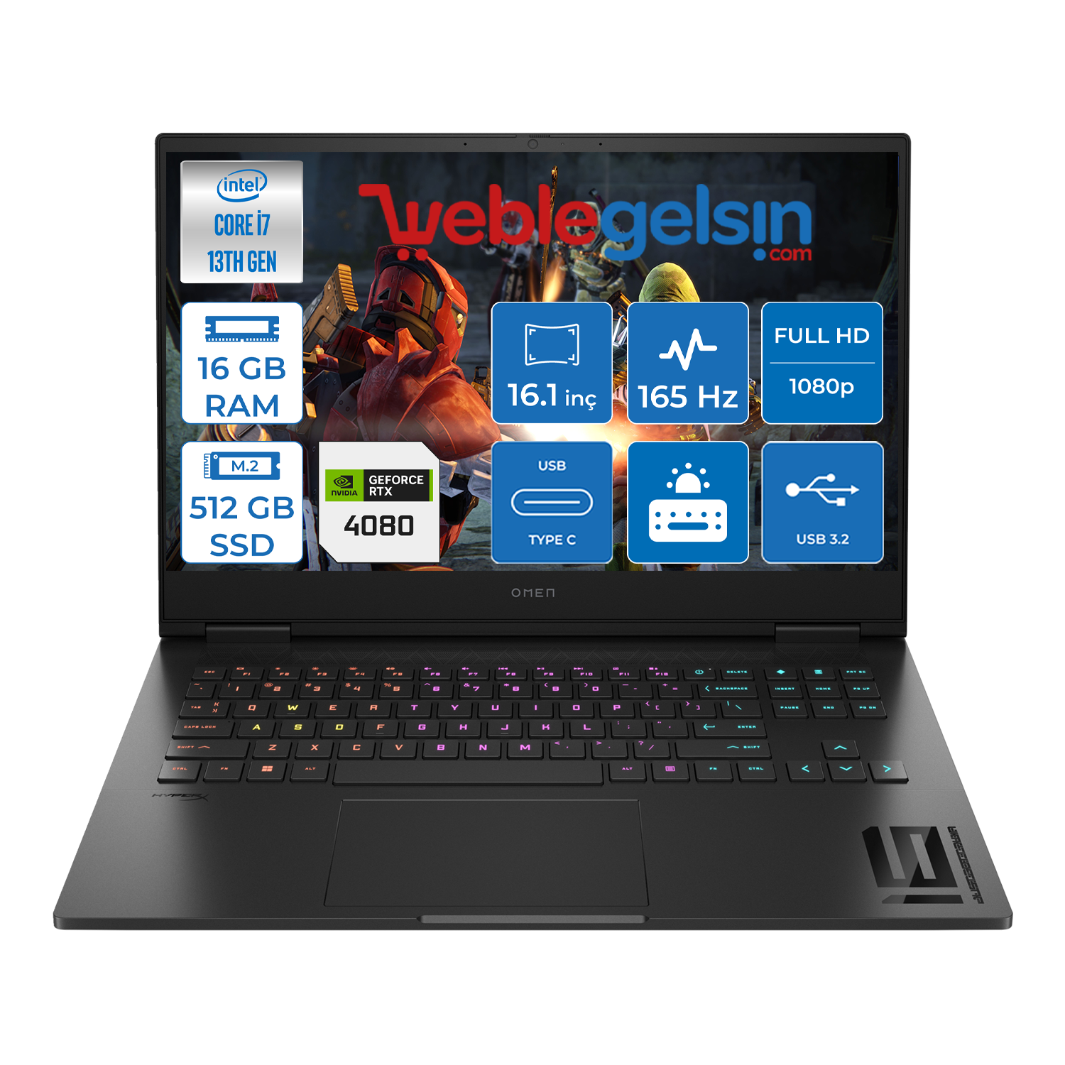 Hp Omen 16-WF0008NT Intel Core I7-13700HX 16GB DDR5 512GB SSD 12GB RTX4080 165Hz Freedos 16.1 inç Fhd Taşınabilir Bilgisayar 881T46EAW01