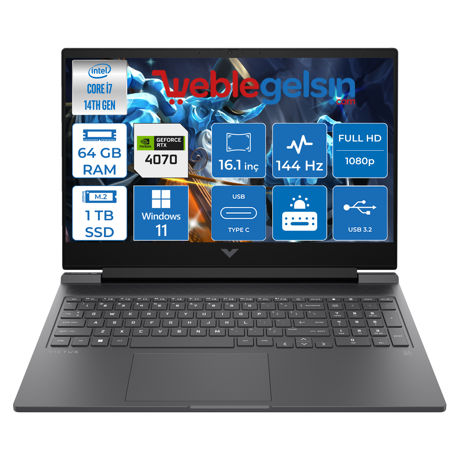 Hp Victus 16-R1020NT Intel Core I7-14700HX 64GB DDR5 1TB SSD RTX4070-8GB 16.1 Inç 144HZ Full Hd Windows 11 Pro Gaming Laptop 9J222EAP08