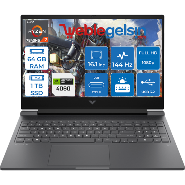 Hp Victus 16-S0050NT Amd Ryzen 7 7840HS 64GB 1TB SSD RTX4060 8GB Freedos 16.1
