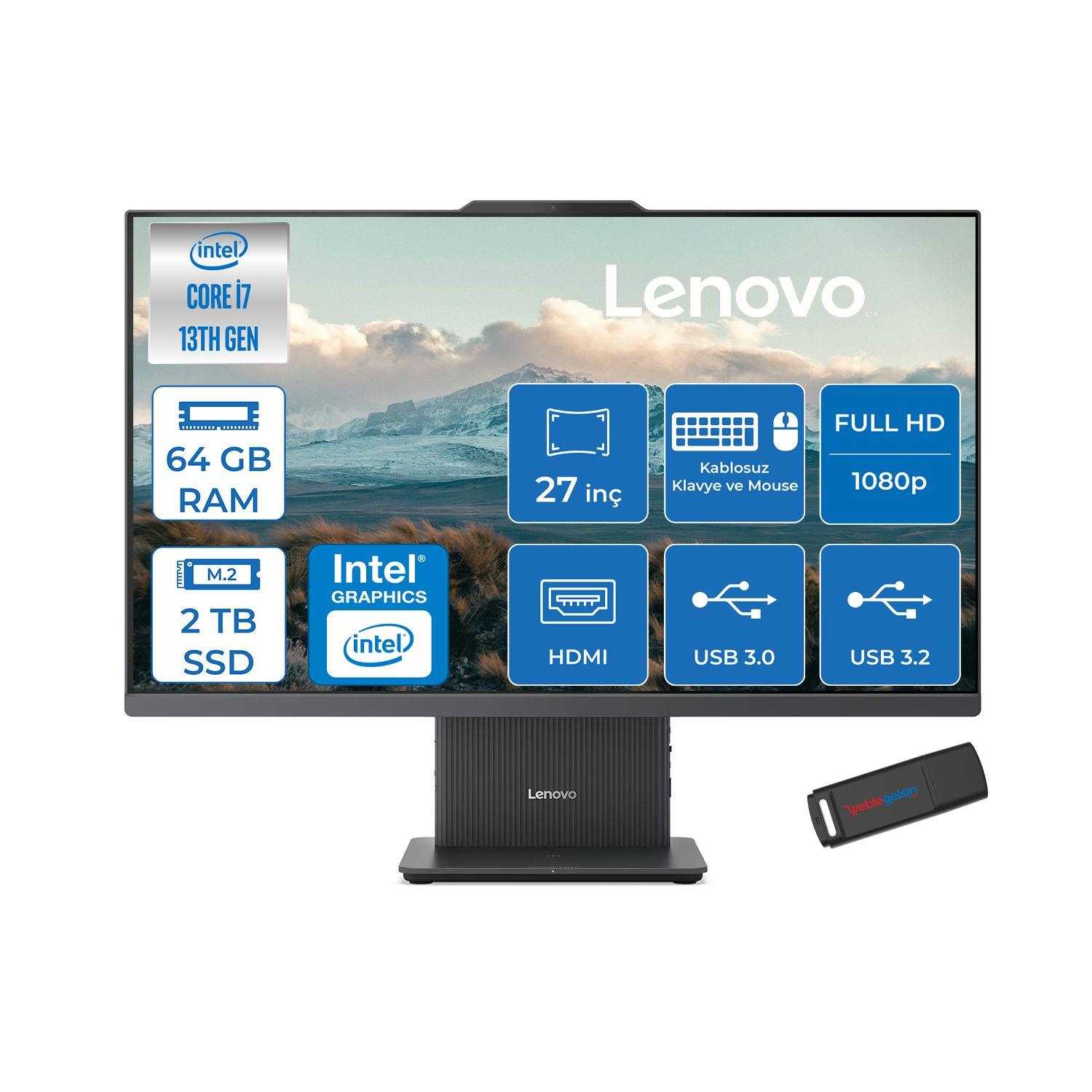 Lenovo Ideacentre Aıo 27IRH9 Intel Core I7-13620H 64GB DDR5 2TB SSD 27'' Fhd 300NITS IPS Freedos All In One Bilgisayar LF0HM00EUTRF29