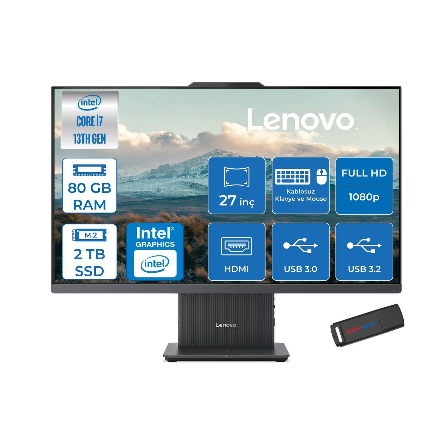 Lenovo Ideacentre Aıo 27IRH9 Intel Core I7-13620H 80GB DDR5 2TB SSD 27'' Fhd 300NITS IPS Freedos All In One Bilgisayar LF0HM00EUTRF34