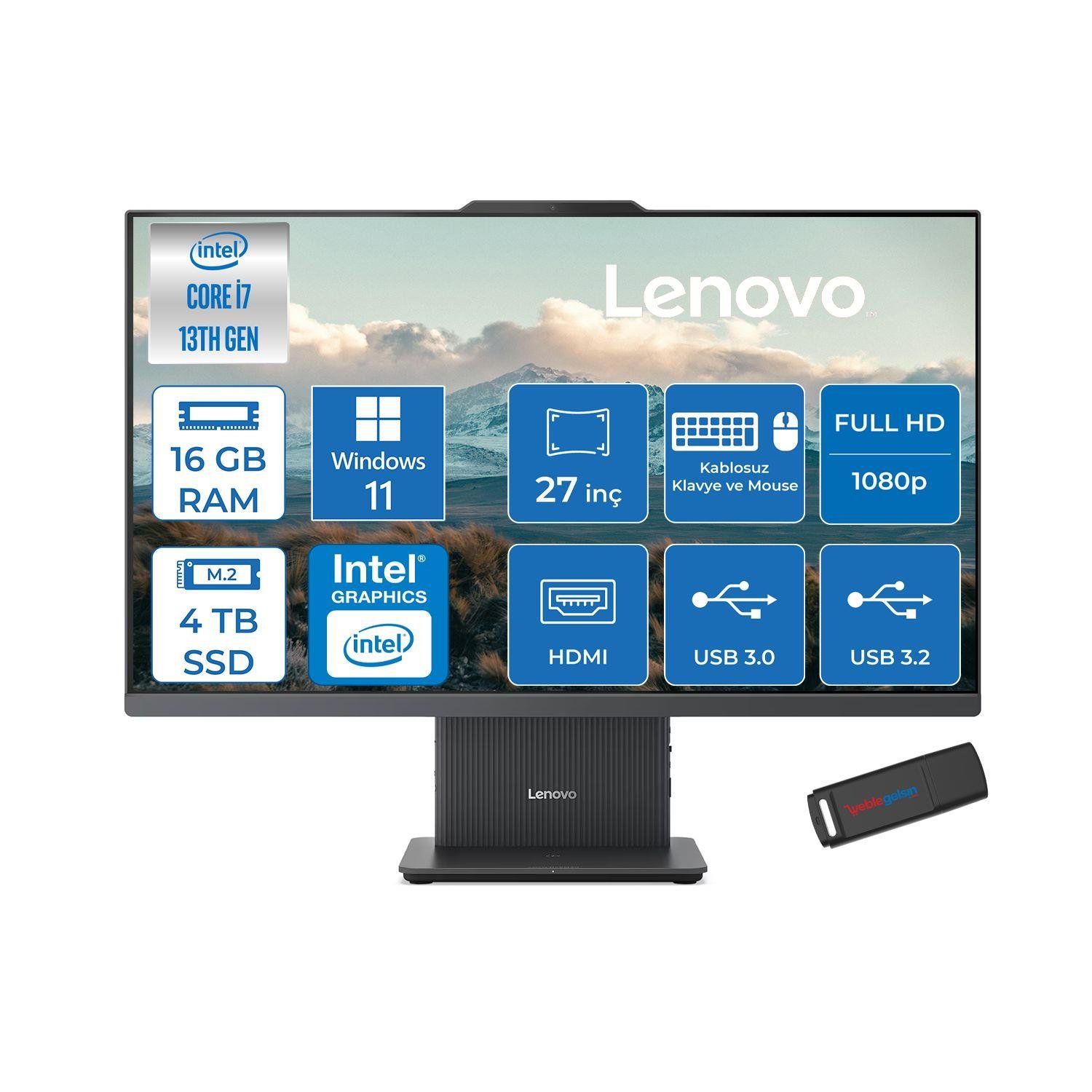 Lenovo Ideacentre Aıo 27IRH9 Intel Core I7-13620H 16GB DDR5 4TB SSD 27'' Fhd 300NITS IPS Windows 11 Pro All In One Bilgisayar LF0HM00EUTRP05