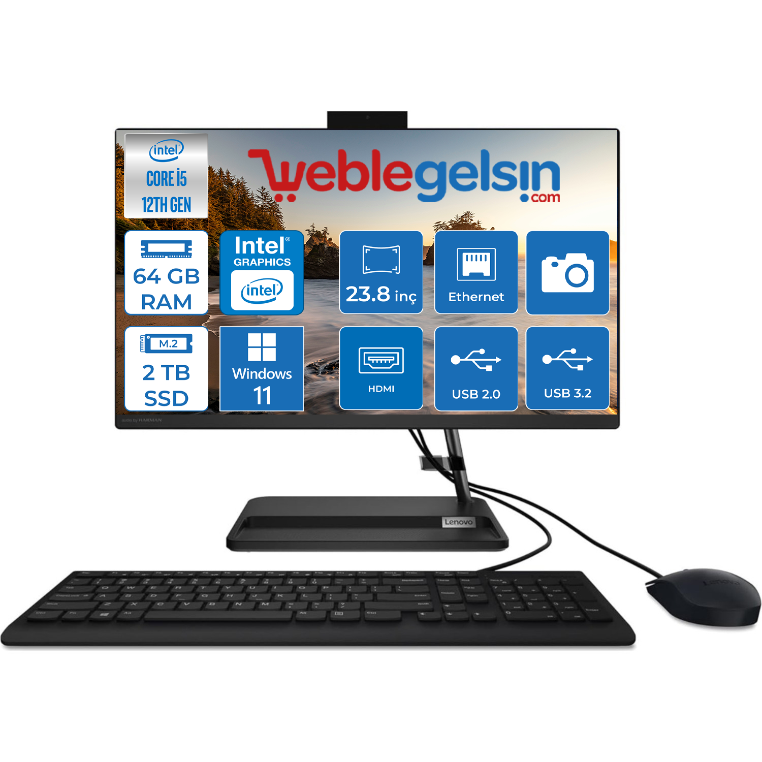 Lenovo Ideacentre Aıo 3 24IAP7 Intel Core I5 12450H 64GB 2TB SSD 23.8 Fhd IPS Windows 11 Pro All In One Bilgisayar FF0GH00TJTX36