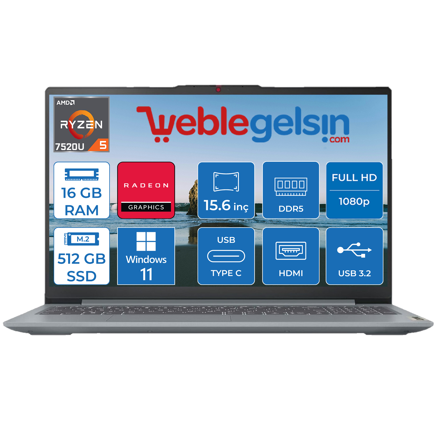 Lenovo Ideapad Slim 3 15AMN8 Amd Ryzen 5 7520U 16GB 512GB SSD Windows 11 Home 15.6 inç Fhd Taşınabilir Bilgisayar 82XQ00DATX04
