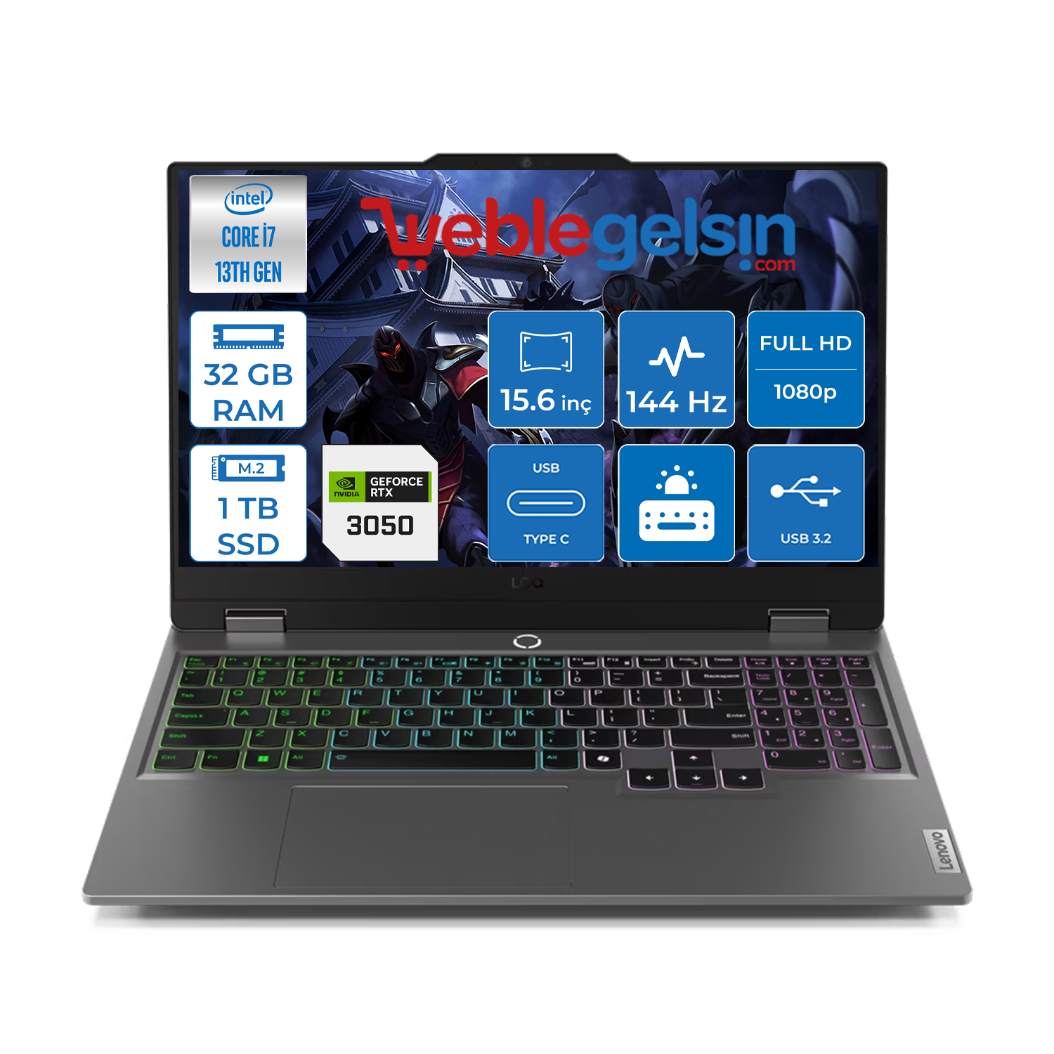 Lenovo Loq 15IRX9 Intel Core I7-13650HX 32GB DDR5 1TB SSD RTX3050 6GB 144Hz Freedos 15.6 inç Fhd Taşınabilir Bilgisayar 883DV00AFTR06