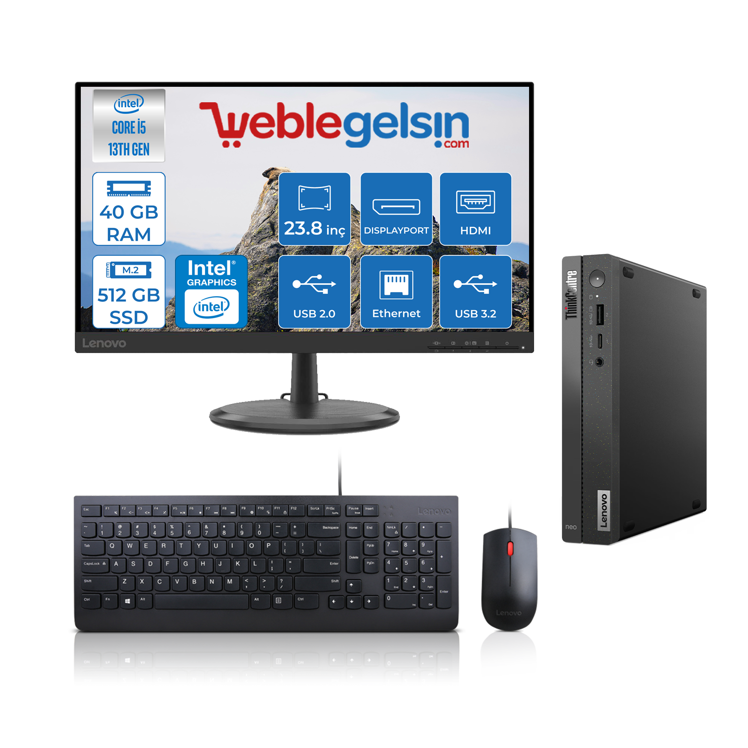 Lenovo Thinkcentre Neo 50Q Gen 4 Intel Core I5-13420H 40GB 512GB SSD 23.8 Inç Monitör Freedos Mini Bilgisayar M12LN006KTRF13