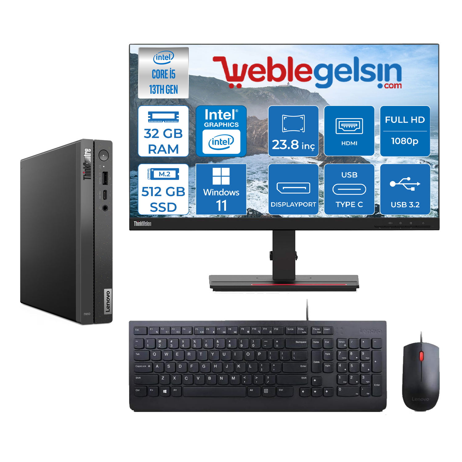 Lenovo Thinkcentre Neo 50Q Gen 4 Intel Core I5-13420H 32GB 512GB SSD Windows 11 Pro 23.8 inç Masaüstü Bilgisayar 12LN0048TRMP04