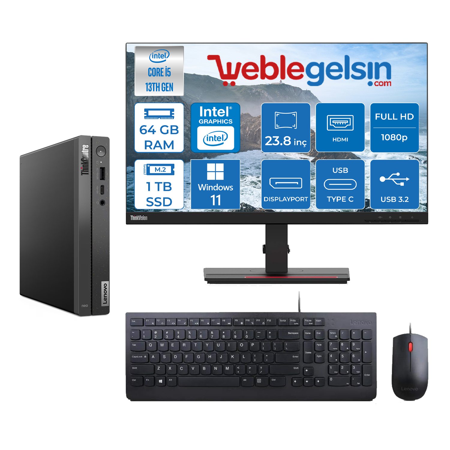 Lenovo Thinkcentre Neo 50Q Gen 4 Intel Core I5-13420H 64GB 1TB SSD Windows 11 Pro 23.8 inç Masaüstü Bilgisayar 12LN0048TRMP08
