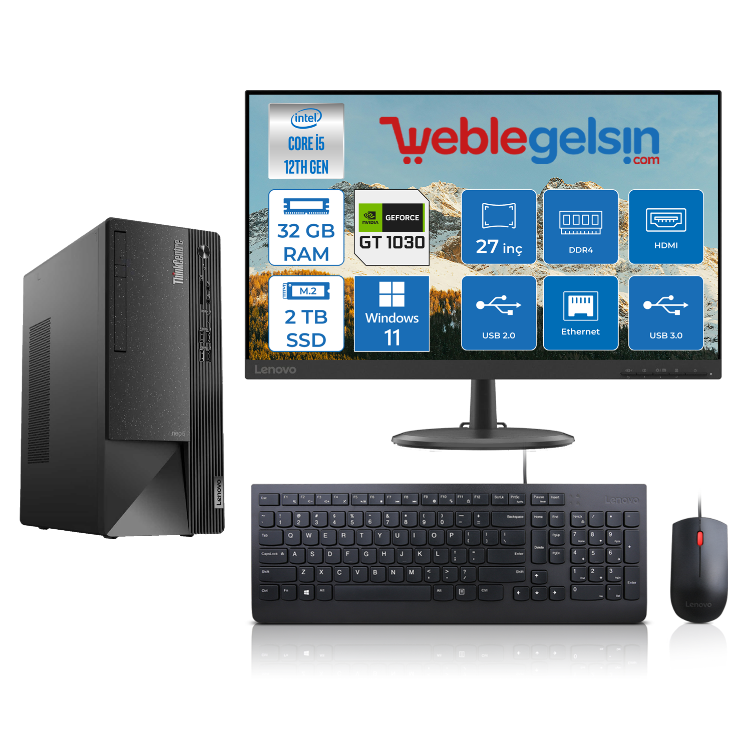 Lenovo Thinkcentre Neo 50T Gen4 Intel I5 12400 32GB 2TB SSD 4GB/GT1030 Windows 11 Pro Fhd 27 Inç Monitör Masaüstü Bilgisayar 12JB005DTRMMG154