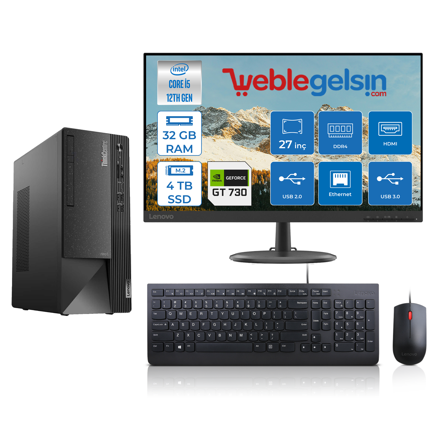 Lenovo Thinkcentre Neo 50T Gen4 Intel I5 12400 32GB 4TB SSD 4GB/GT730 Freedos Fhd 27 Inç Monitör Masaüstü Bilgisayar 12JB005DTRMMG715
