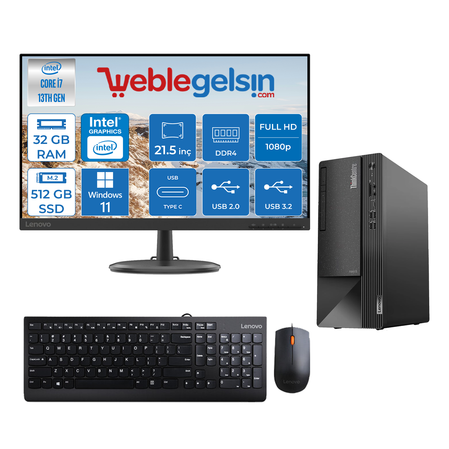 Lenovo Thinkcentre Neo 50T Gen4 Intel Core I7 13700 32GB 512GB SSD Windows 11 Pro 21.5 inç Masaüstü Bilgisayar 12JD0008TRMP04