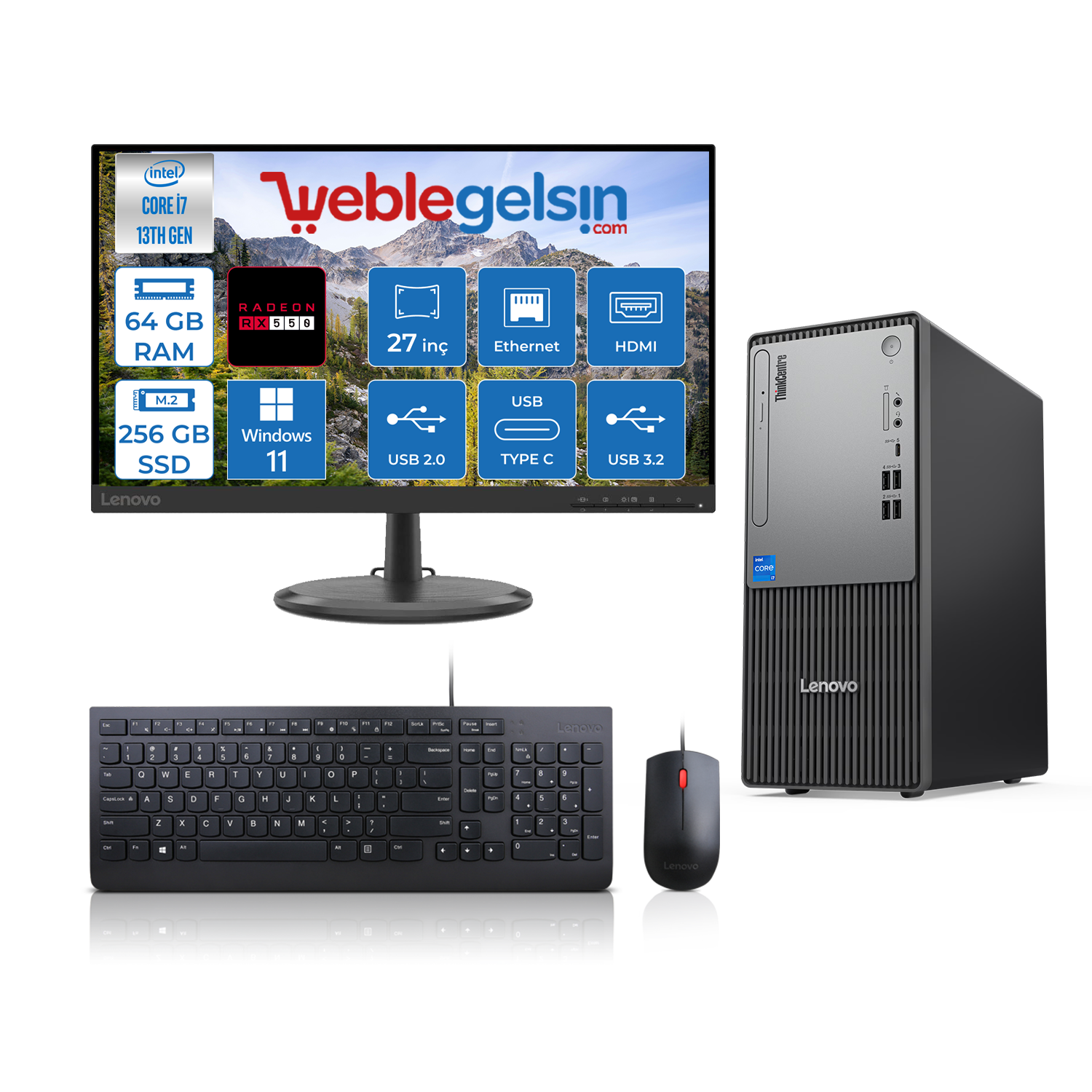 Lenovo Thinkcentre Neo 50T Gen5 Intel Core I7 13700 64GB DDR5 256GB SSD 27 Inç Monitör Windows 11 Pro Radeon RX550 5502712UB000LTRW21