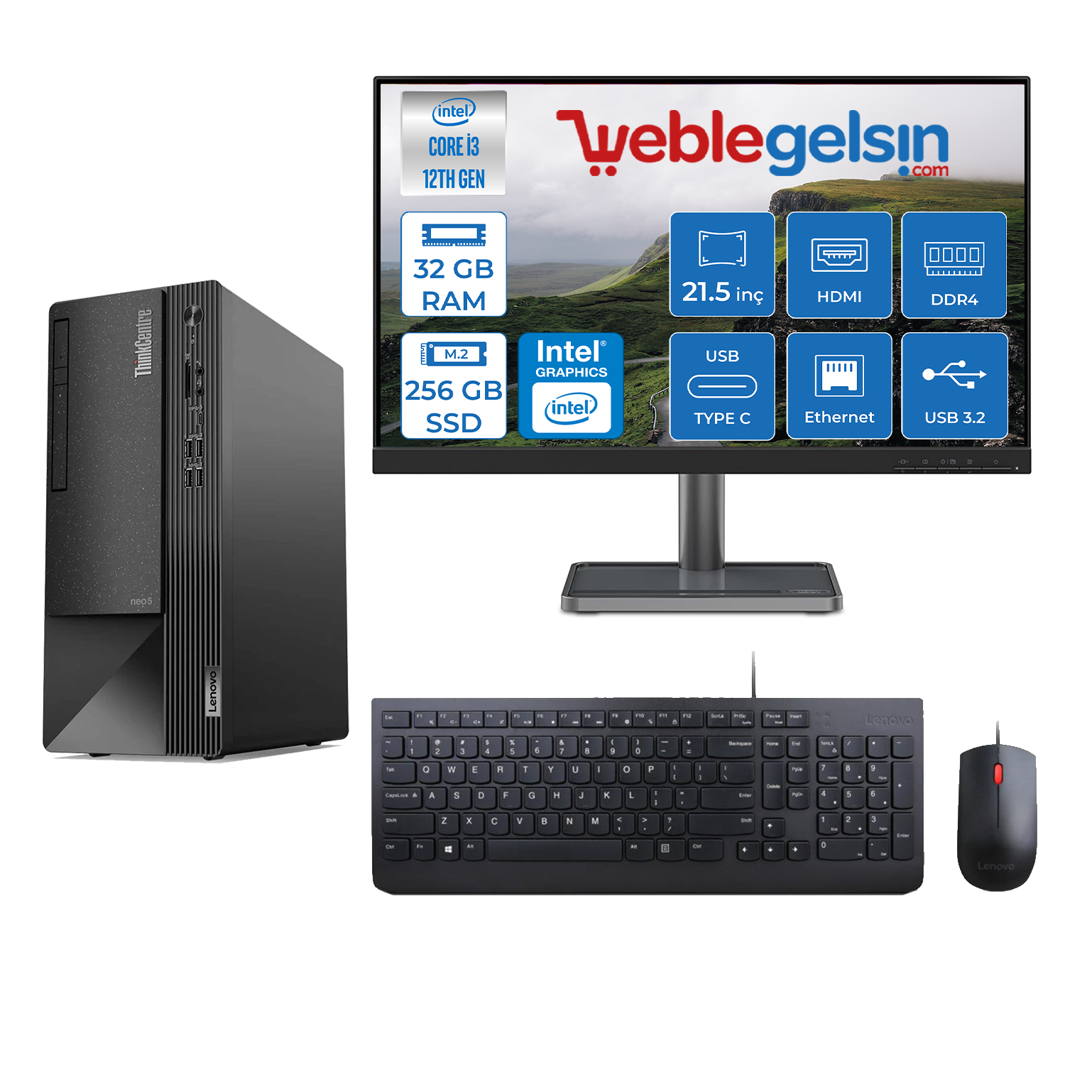 Lenovo Thınkcentre Neo 50T Intel Core İ3 12100 32GB 256GB SSD Lenovo 21.5 Mon FreeDos Masaüstü Bilgisayar 111SC001ATXM08