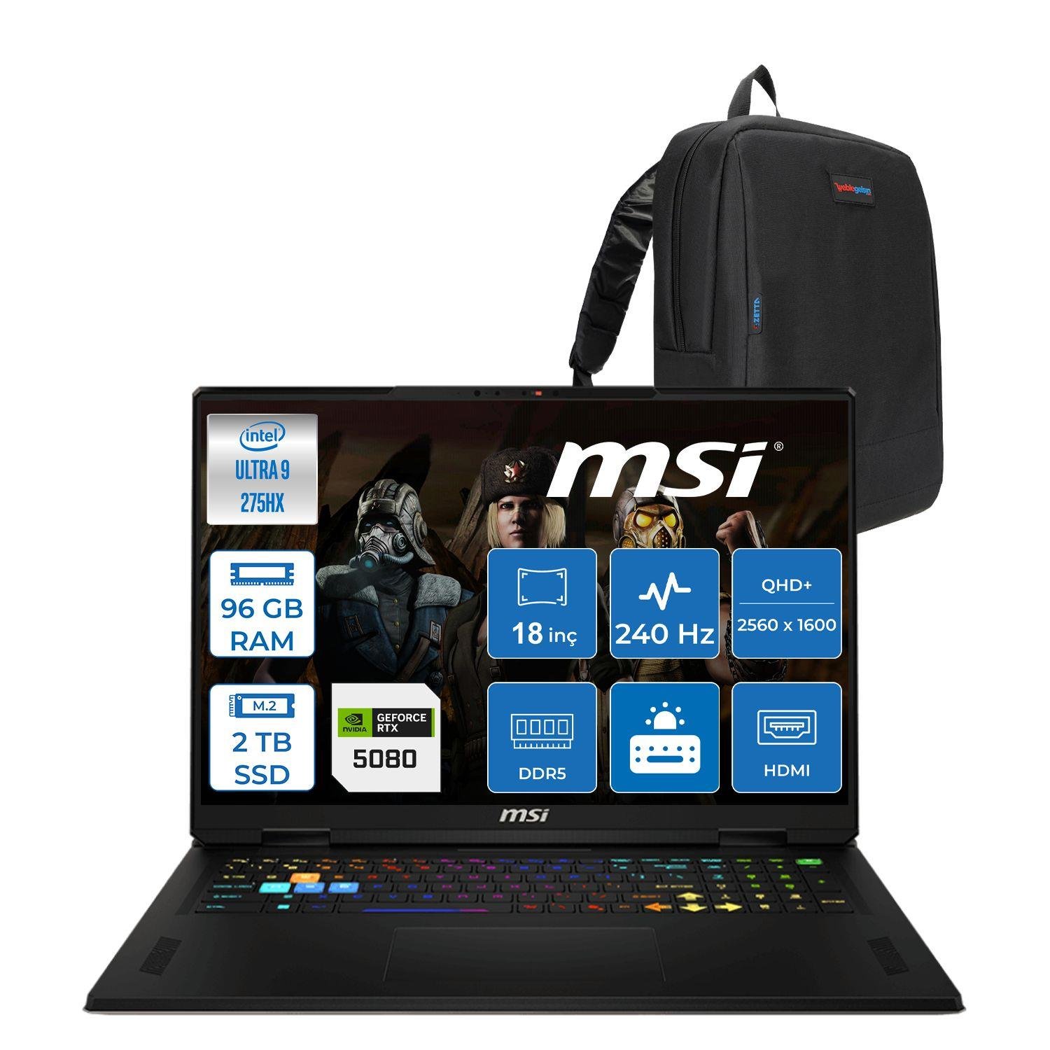 Msı Vector 18 Hx Aı A2XWIG Intel Core Ultra 9 275HX 96GB DDR5 2TB SSD Freedos 175W RTX5080 12GB 18 Inç 2K(2560×1600) Qhd+ 240Hz Taşınabilir Bilgisayar 666XTRF53