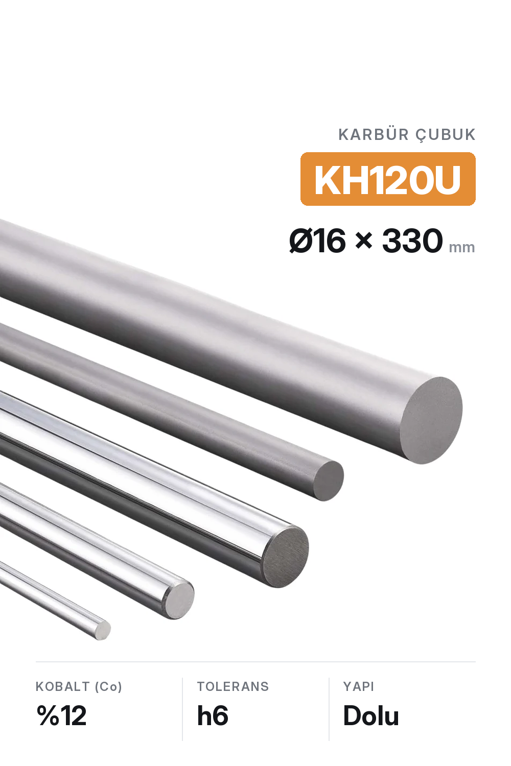 16x330 KH120U h6 Dolu Karbür Çubuk