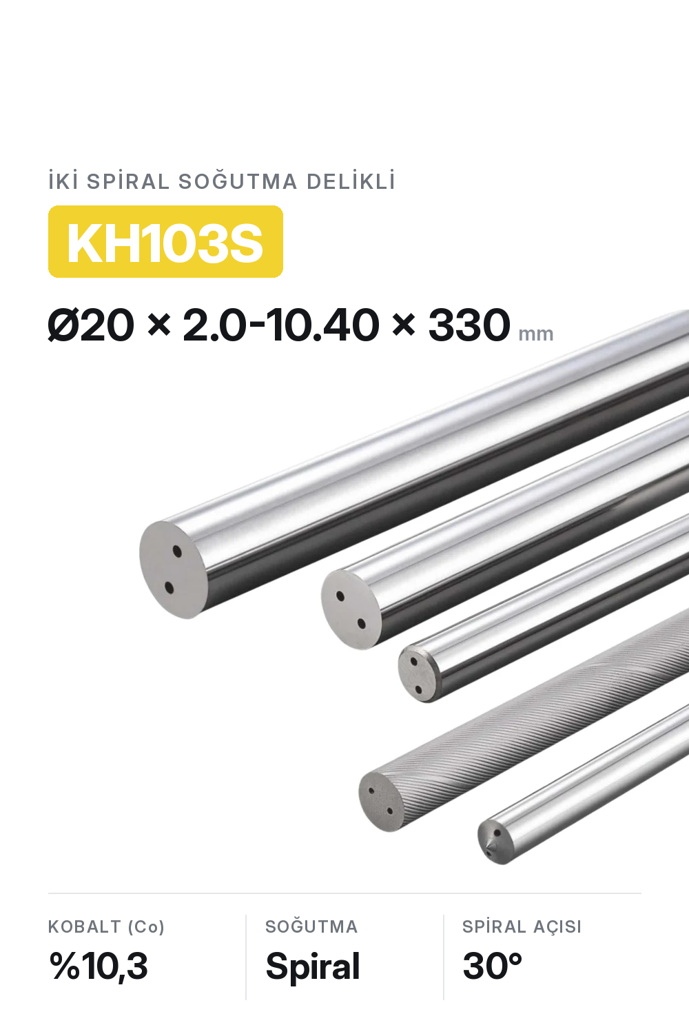 20x2.0-10.40x330 KH103S h6 İki Spiral Delikli Karbür Çubuk 30°