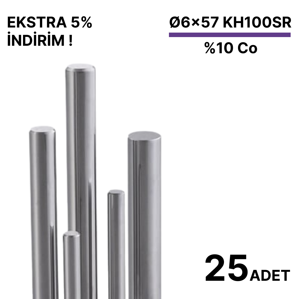25 Adet 6x57 KH100SR h6 Kesilmiş Dolu Karbür Çubuk