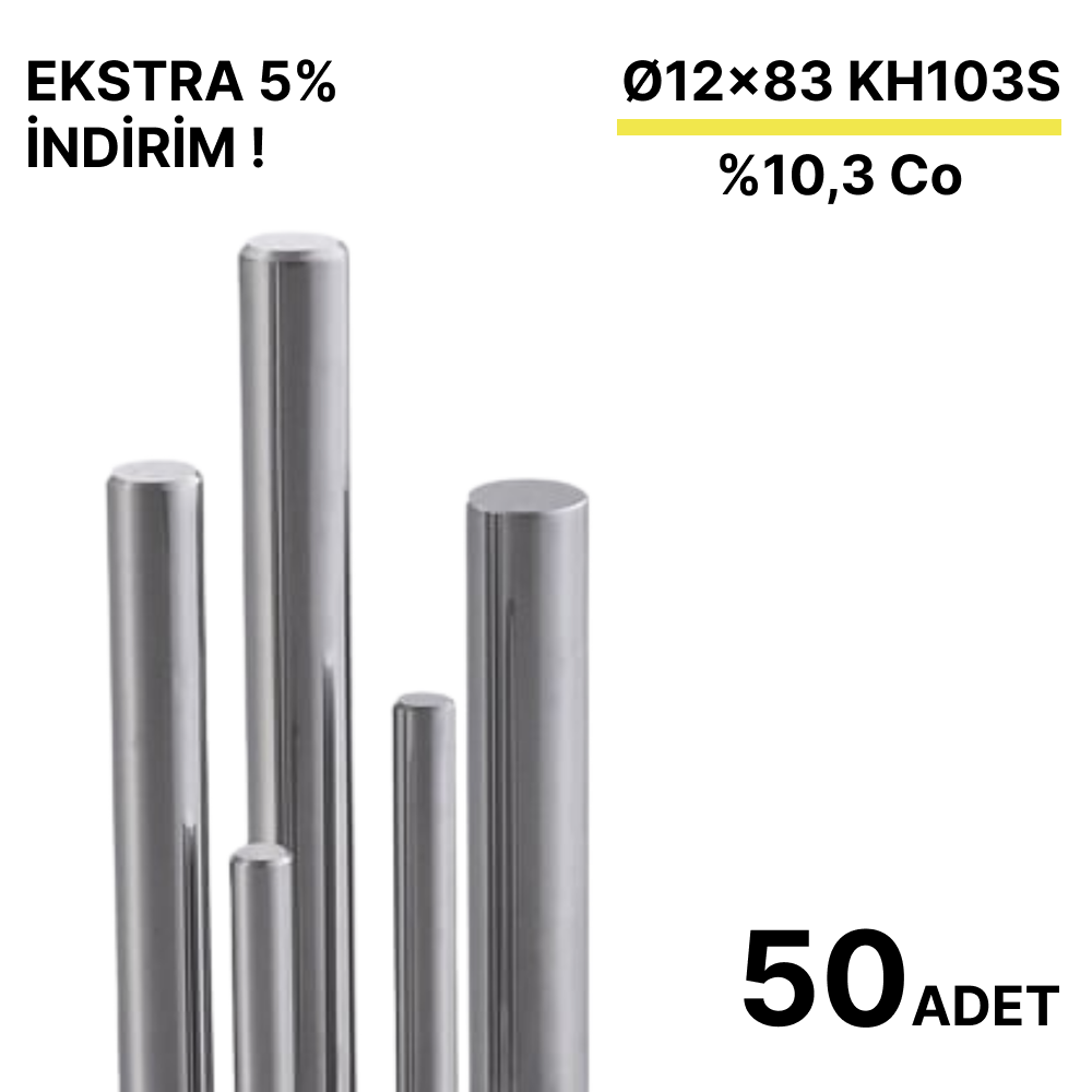 50 Adet 12x83 KH103S h6 Kesilmiş Dolu Karbür Çubuk