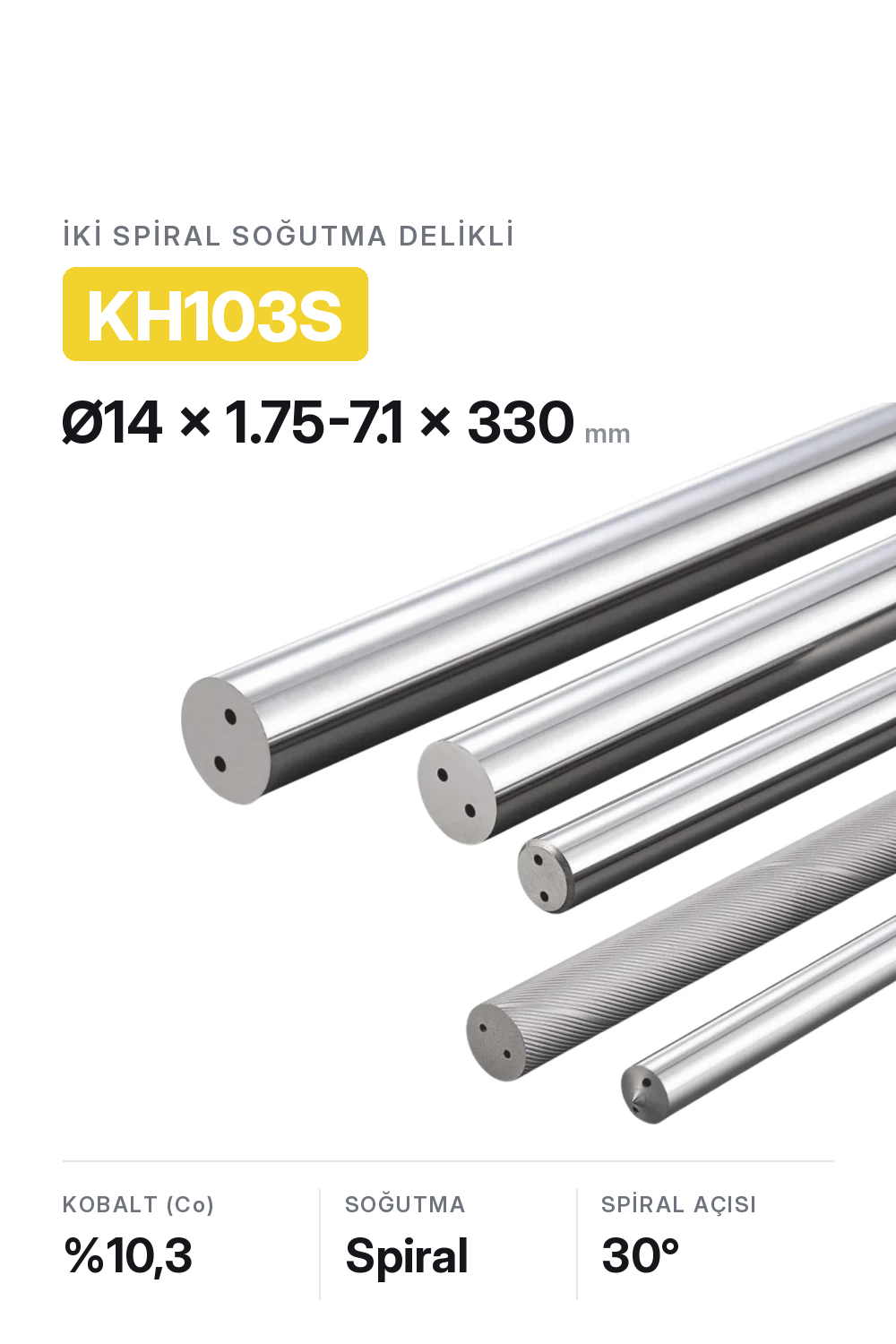 14x1.75-7.1x330 KH103S h6 İki Spiral Delikli Karbür Çubuk 30° 