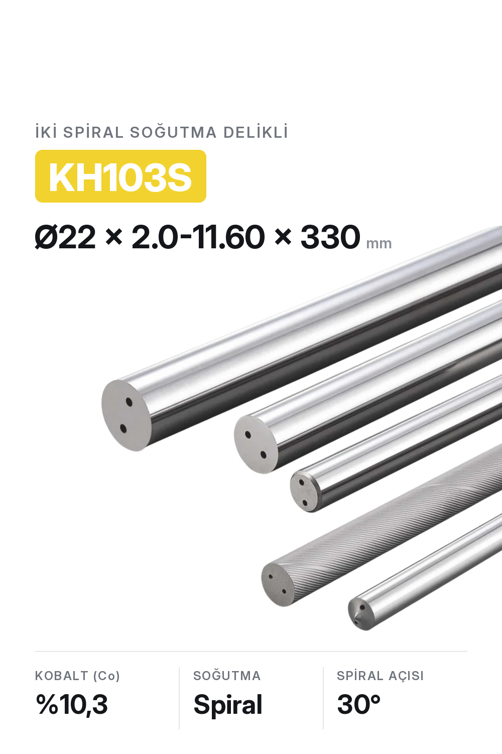 22x2.0-11.60x330 KH103S h6 İki Spiral Delikli Karbür Çubuk 30°