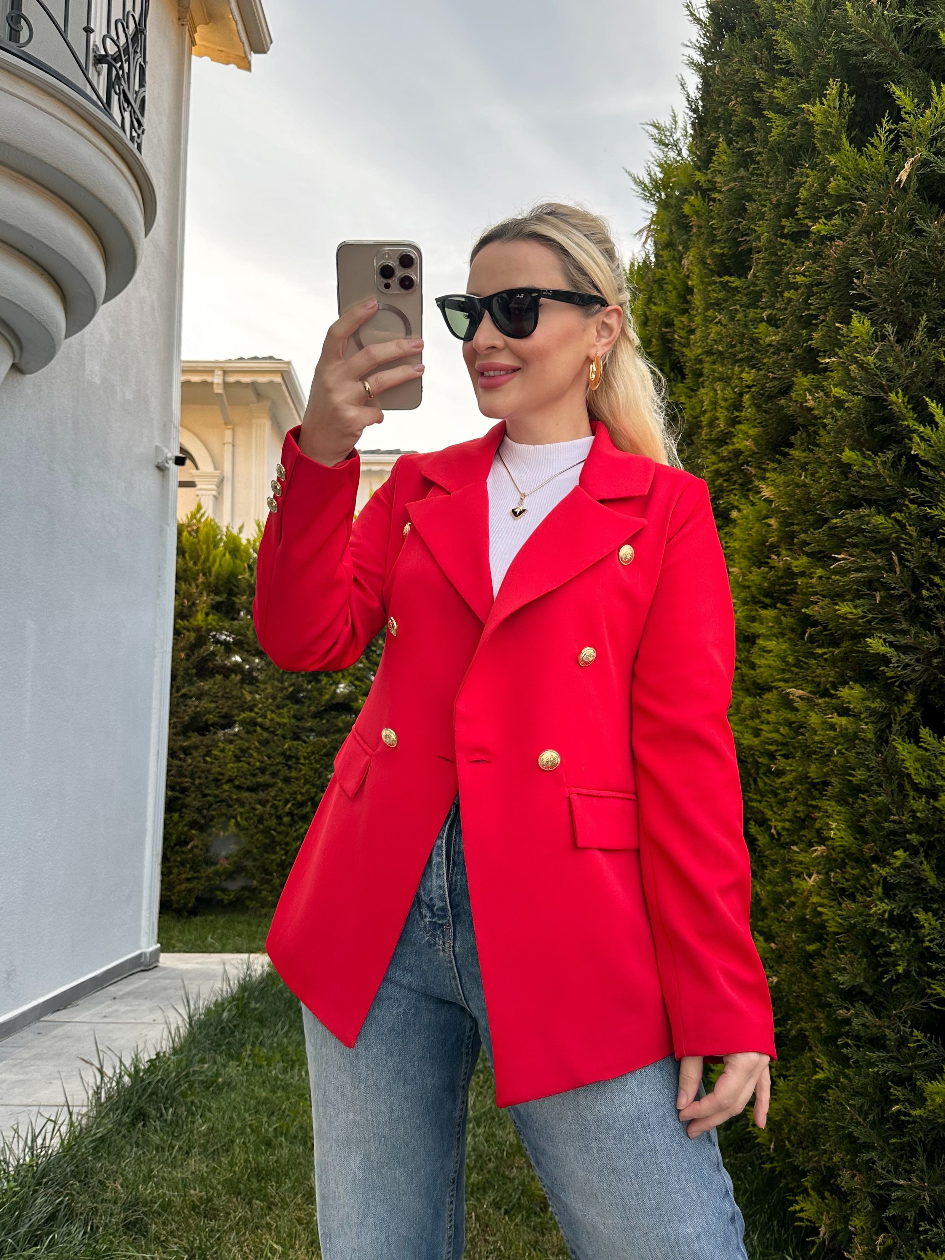 Kırmızı Gold düğme detaylı blazer ceket 120