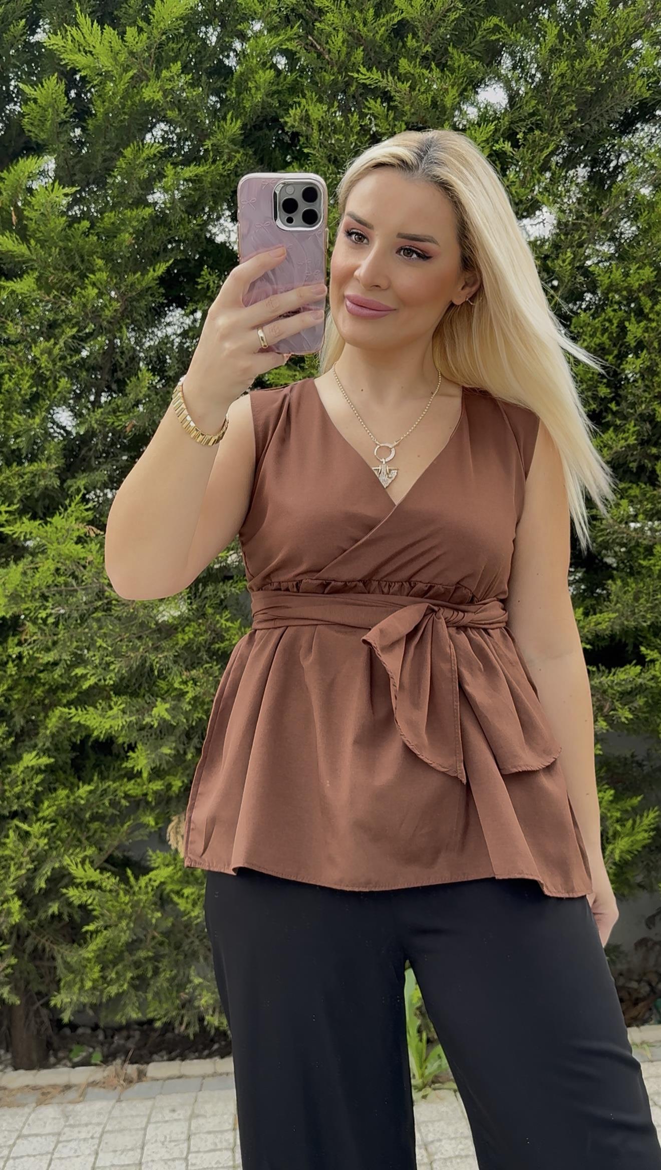 kuşaklı bluz kahve 158