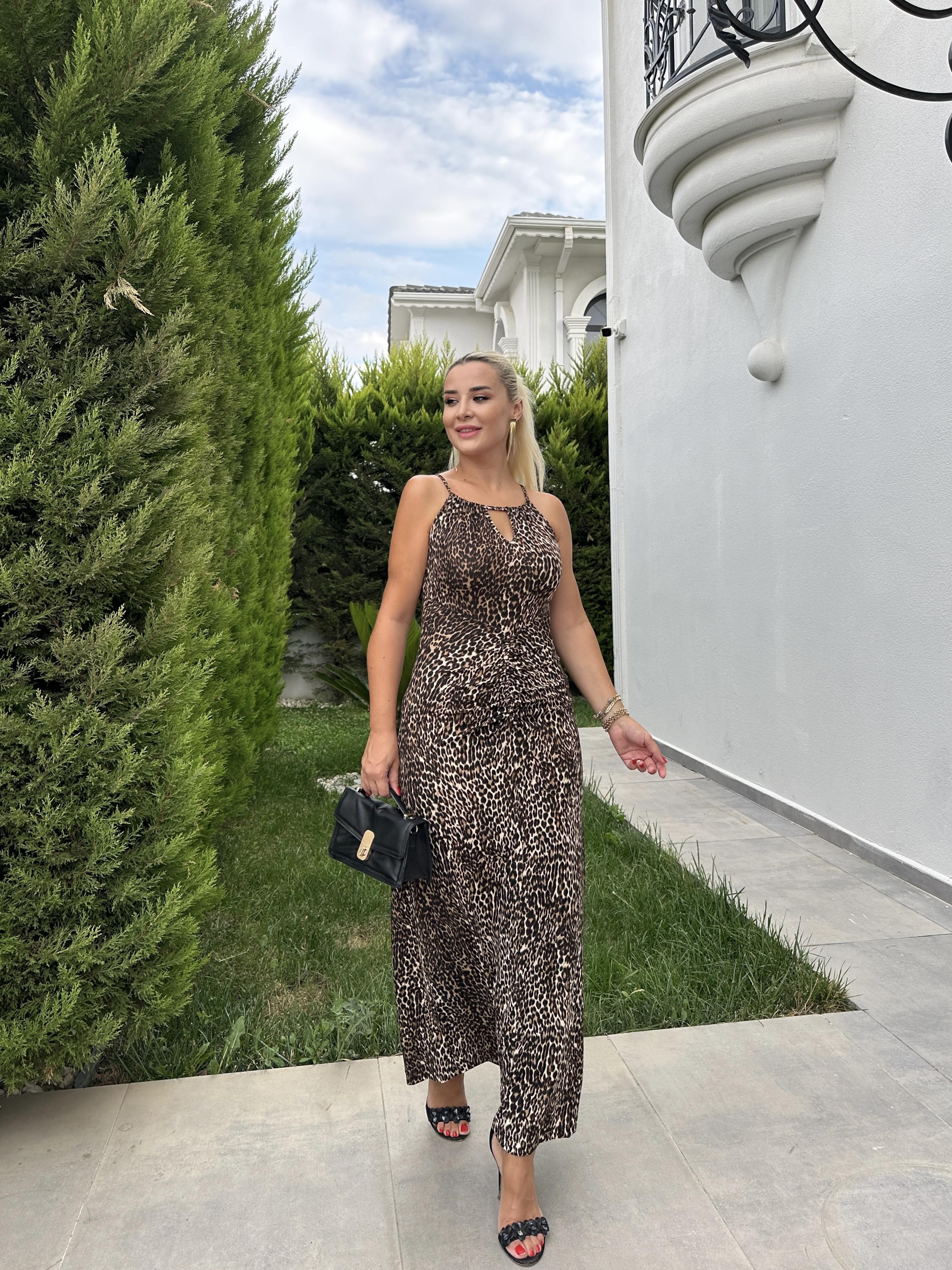 paris leopar  desen midi boy elbise